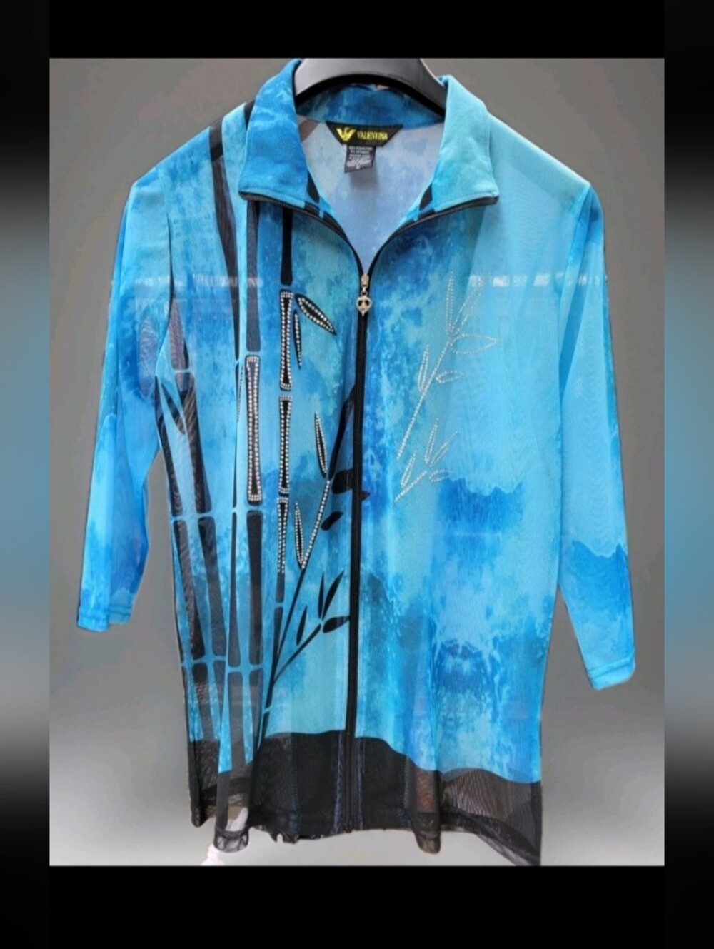 Valentina Blue Sheer Mesh Zip Front Rhinestone Collared 3/4 Tunic Blouse S